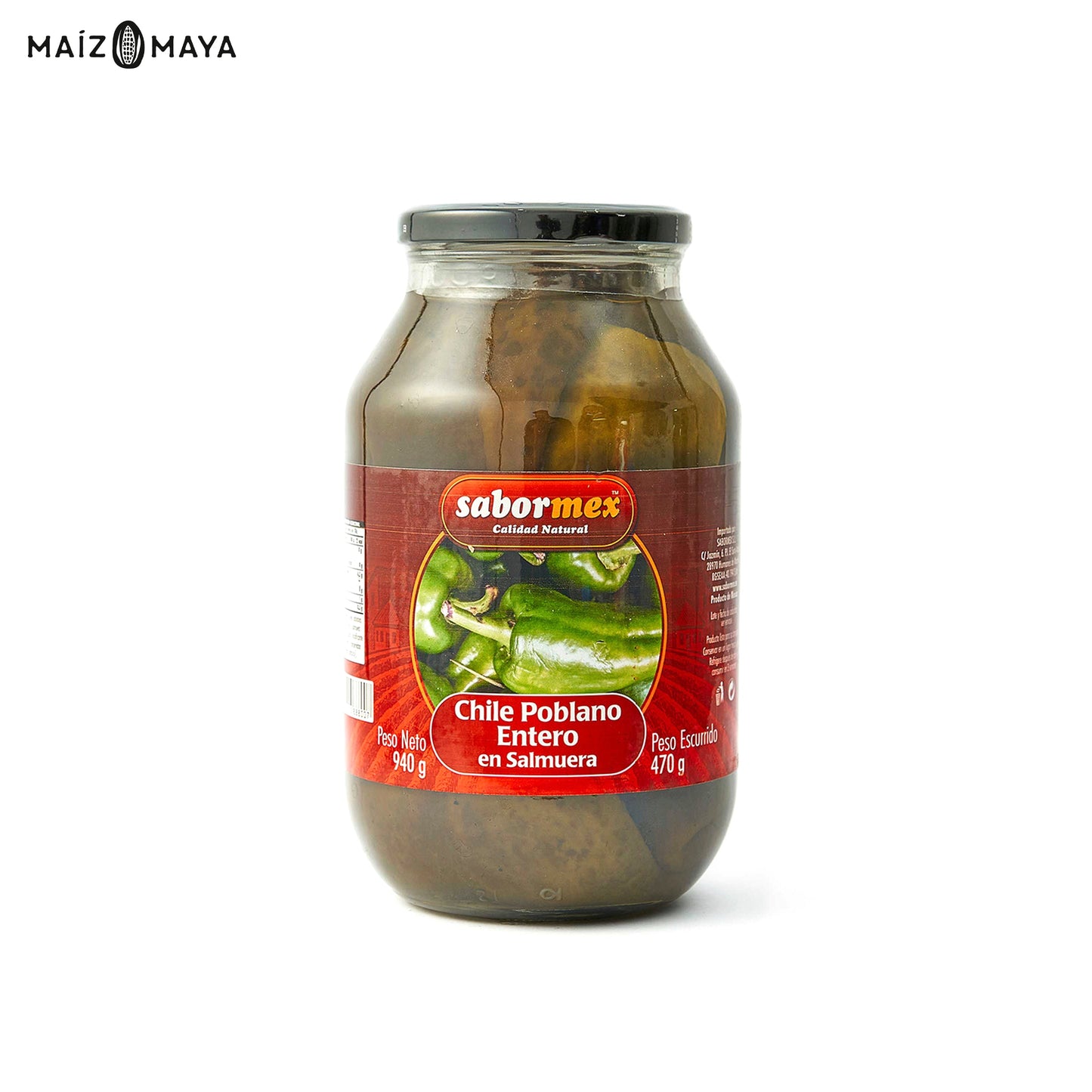 Chile poblano entero 940g - Maíz Maya - Tortillas Maya