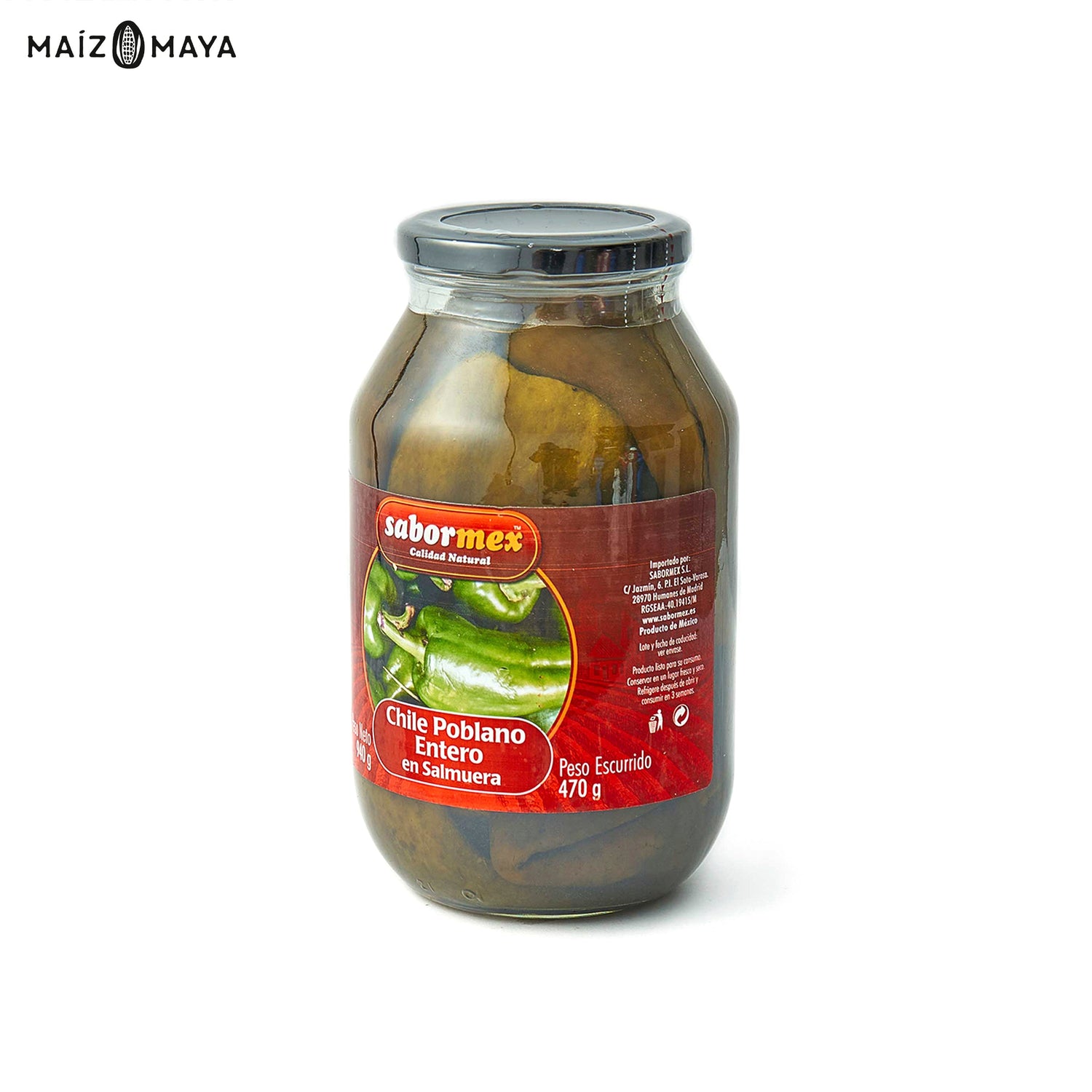 Chile poblano entero 940g - Maíz Maya - Tortillas Maya