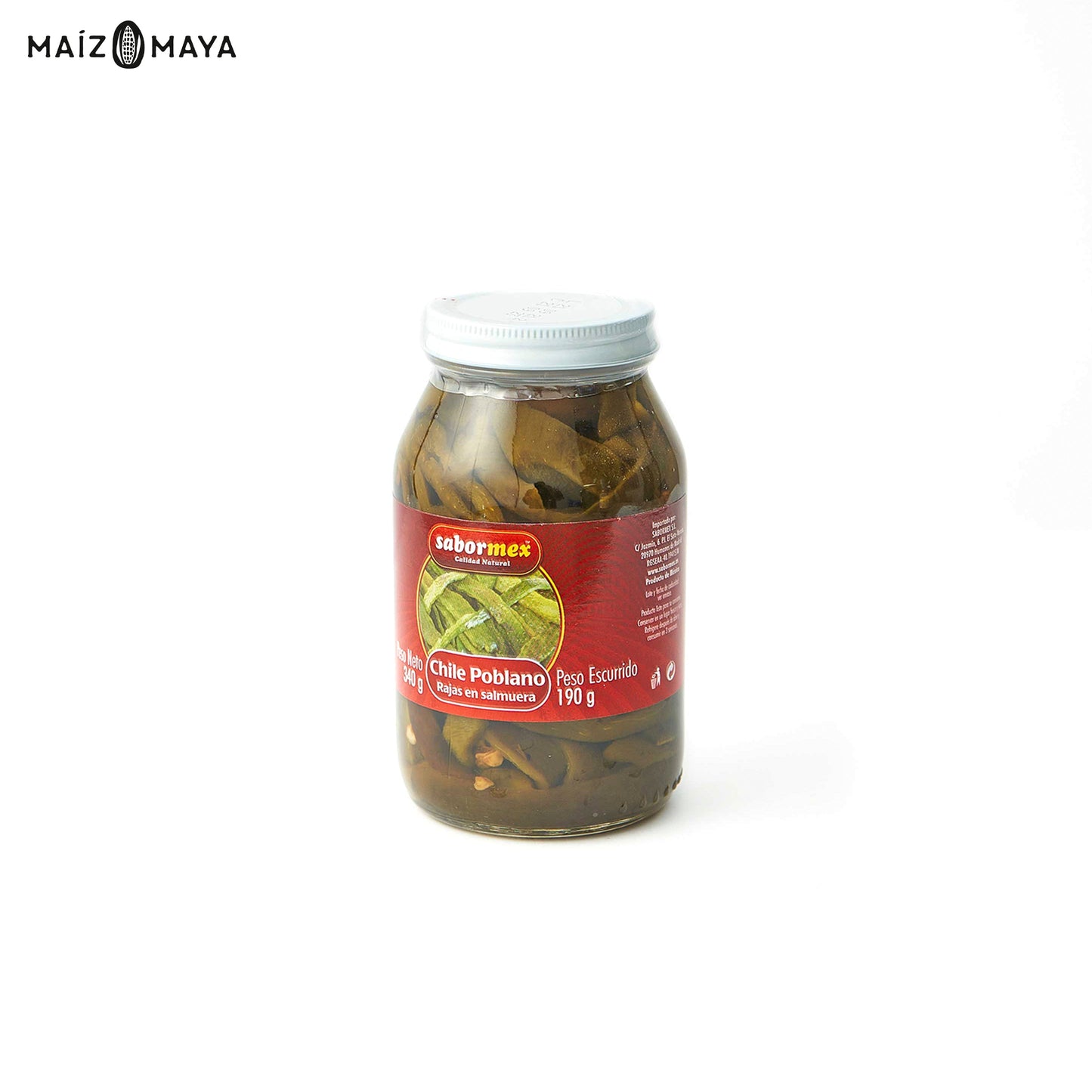 Chile poblano en rajas Sabormex 340g - Maíz Maya - Tortillas Maya