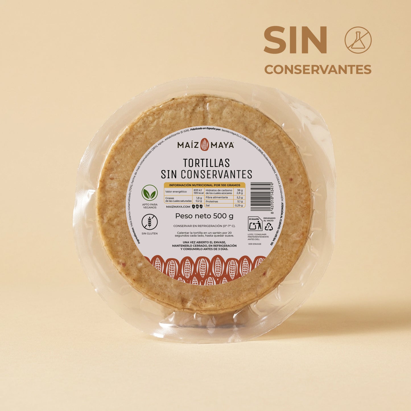 Tortilla maíz blanco nixtamalizado sin conservantes 13cm 500gr