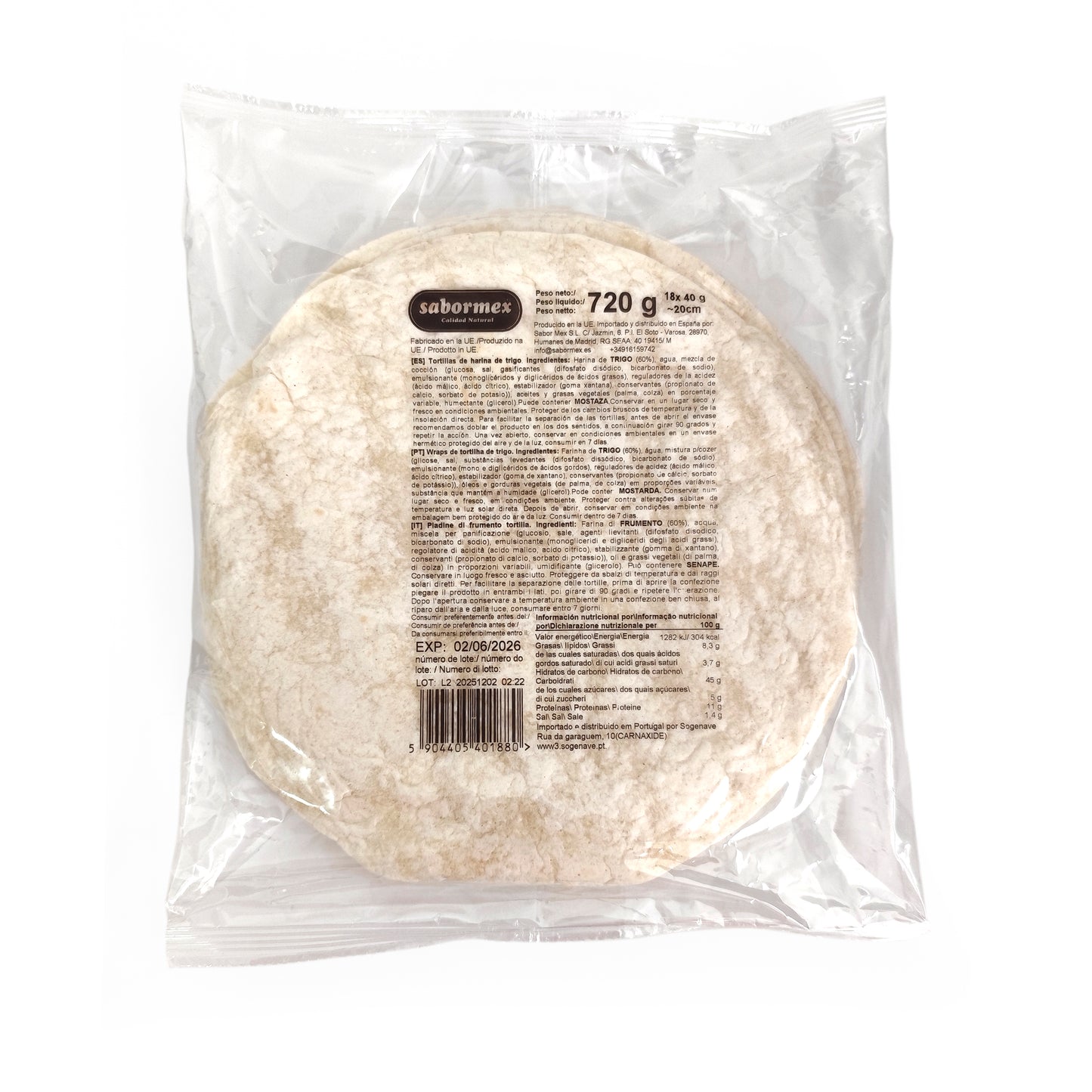 Tortilla de Harina de Trigo 20cm (18 uds) 720g