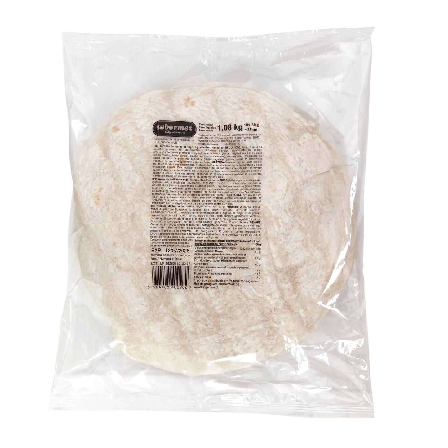 TORTILLA DE HARINA DE TRIGO 25CM (18UDS) 1080 GR SABORMEX
